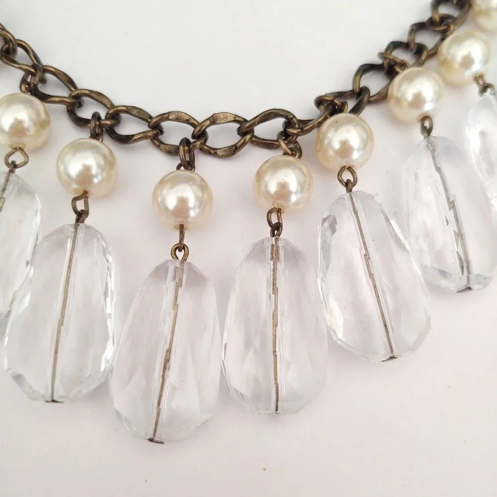 Faux pearl and clear bead dangle statement necklace
